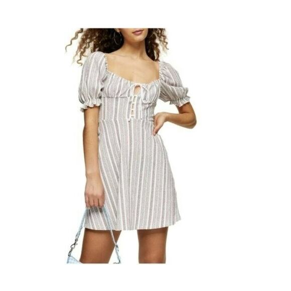 Sexy TOPSHOP Textured Stripe Puffed Sleeves Mini Dress Size 8 - Picture 1 of 10